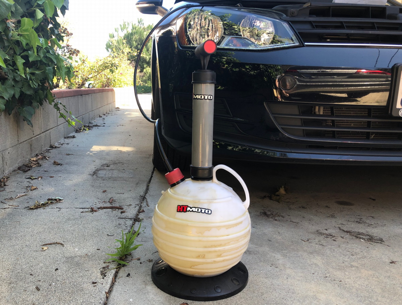 The evacuator requires multiple pumps to clear all the oil so don’t skip arm day at the gym.